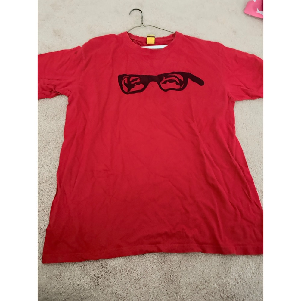 Sumey Mens Red Graphic T-Shirt Glasses Print Short Sleeve Crewneck XL 2014